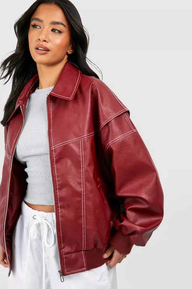 Leather Bomber Jacket - Rood